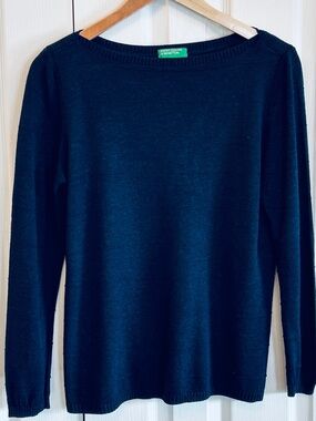 United Colors of Benetton Navy Linen Blend Boatneck Sweater Lightweight EUC